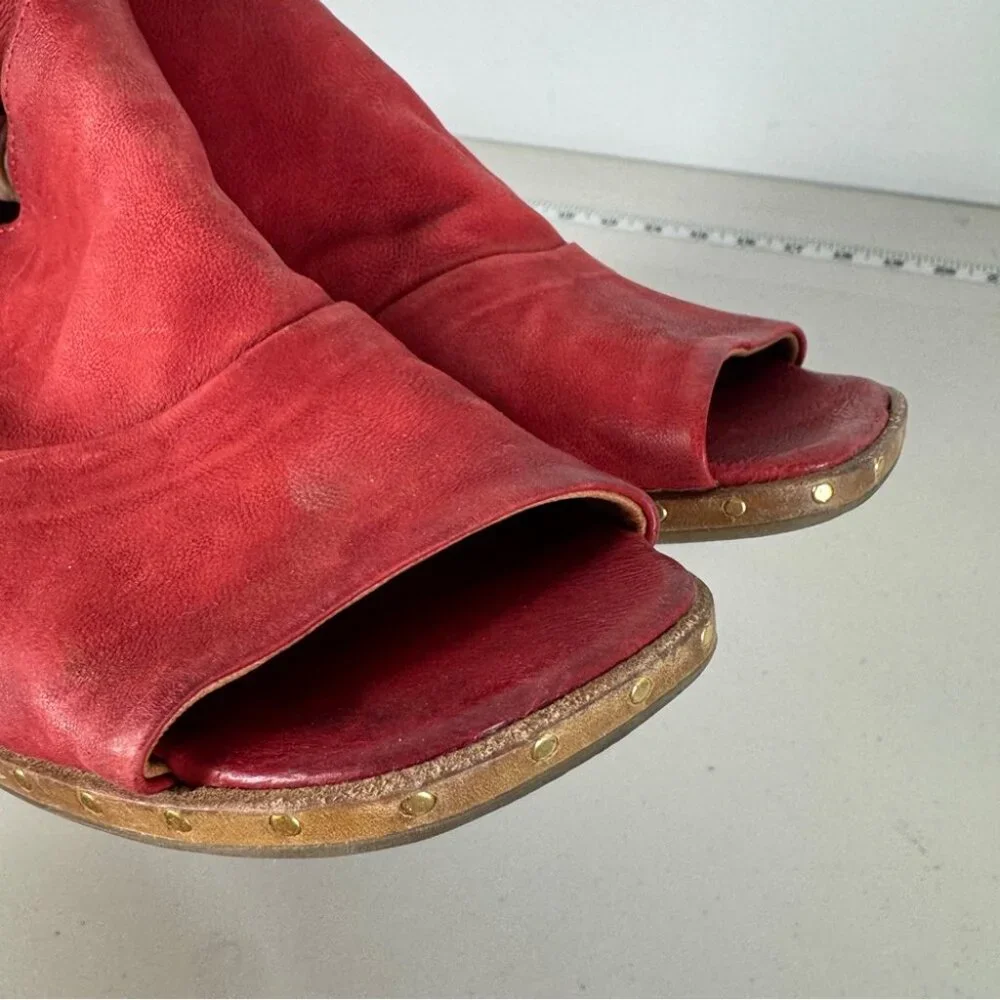 AS98 Red Leather Peep Toe Mules Size 38 Block Heel Boho Hippie Lagenlook - Picture 11 of 16